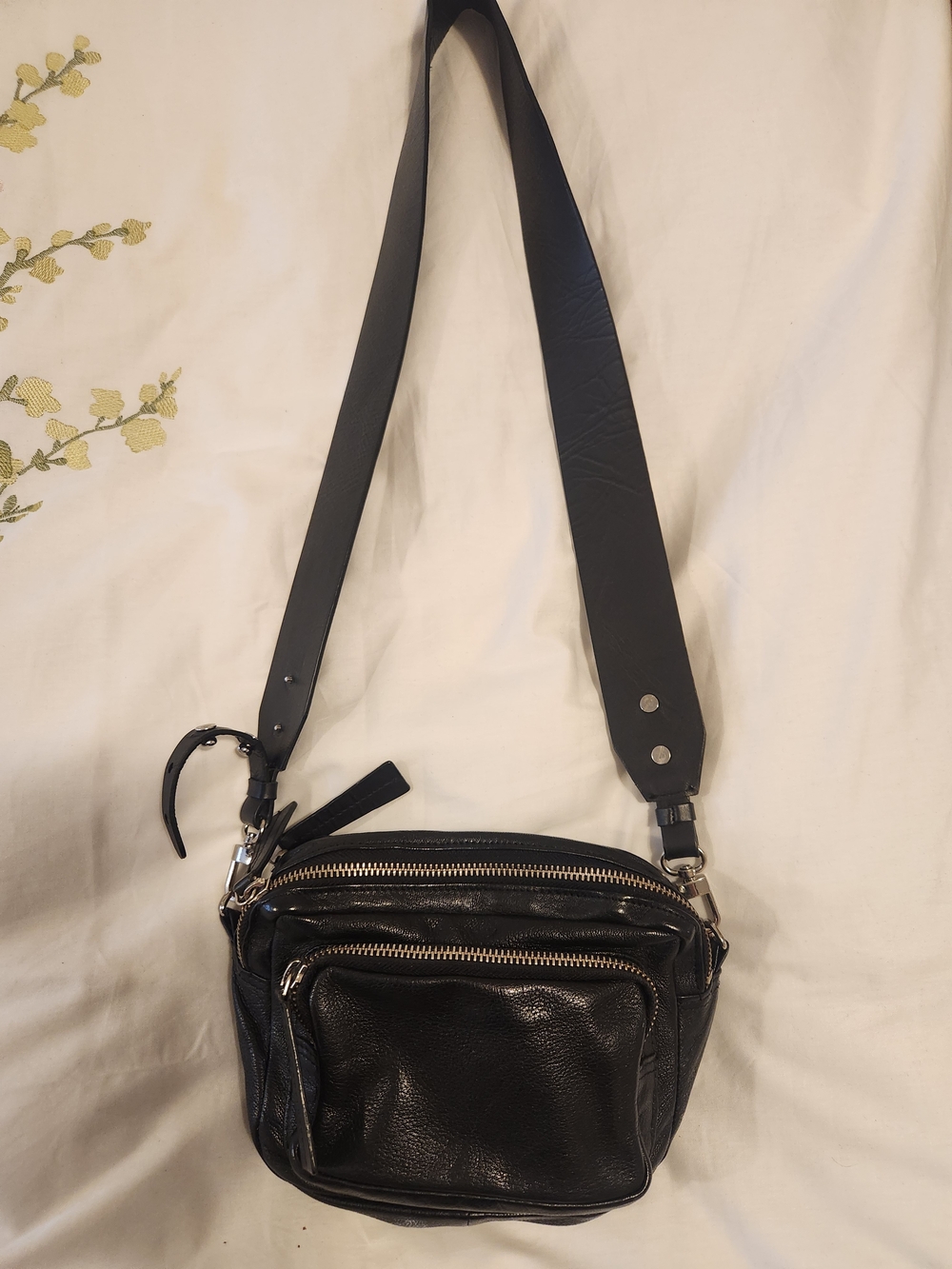 Black Leather Crossbody Bag with Front Zip Pocket